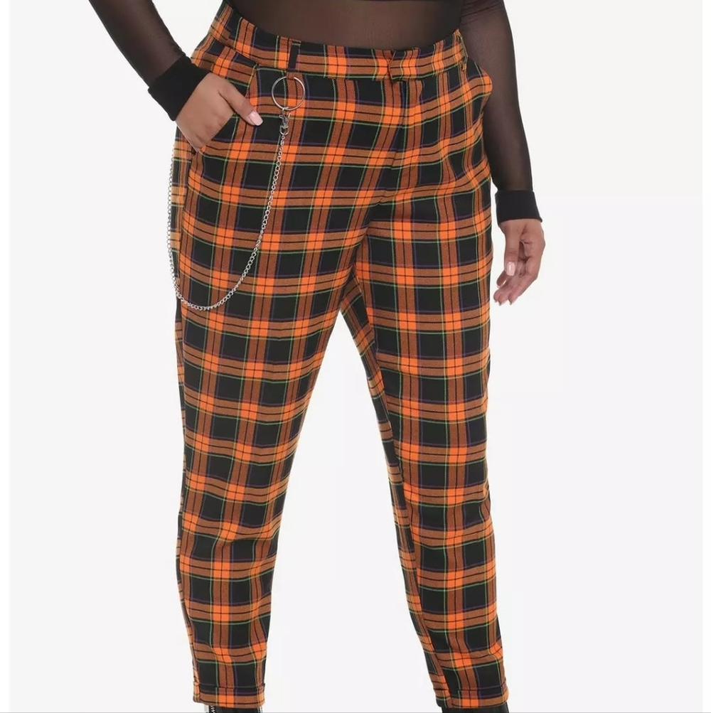 Orange Plaid Side Chain Pants
